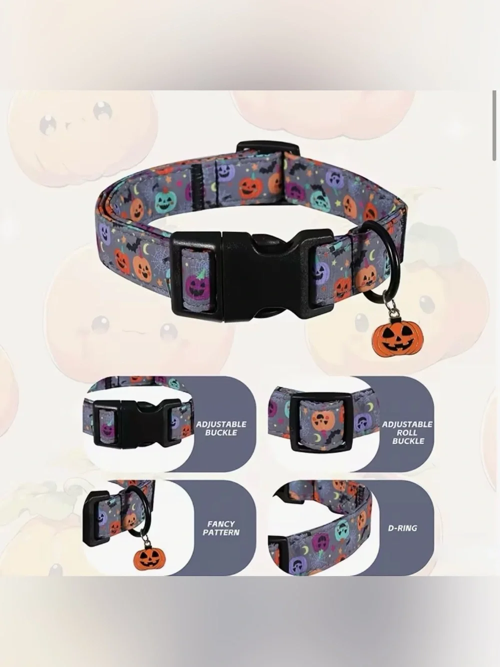 Halloween Pumpkin Dog Collar. Purple Pumpkin Pattern w Jack-O’-Lantern Charm.🎃